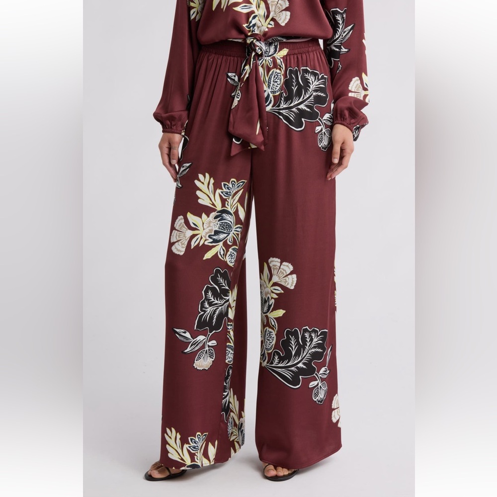 MELLODAY Burgundy Floral Wide Leg Pants